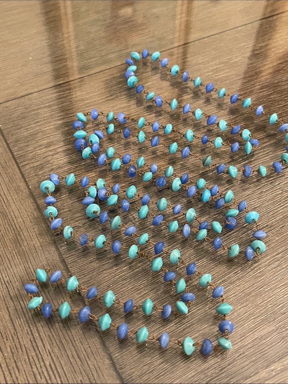 Vintage Shades of Blue Glass Beaded Necklace 58” approx